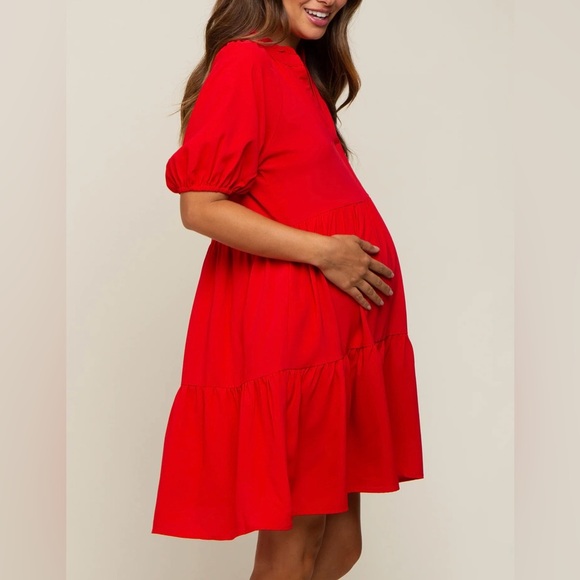 Red Satin Ruffle V-Neck Short Sleeve Maternity Dress - Picture 2 of 4